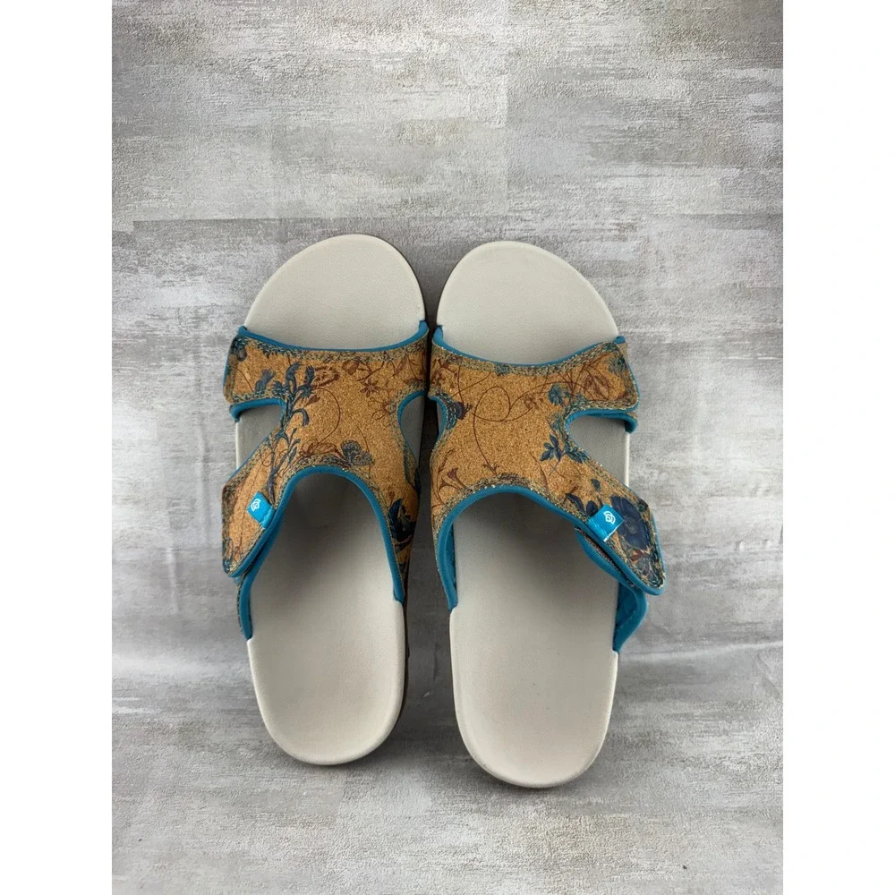 Spenco Kholo Women Sz 10B Orthotic Slide Sandals Tan Blue Floral Cork Adjustable